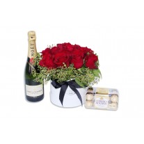 Red Roses in Hat Box, Moet & Chandon & Ferrero Rocher Chocolates - Premium 