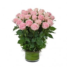 Valentine's Day 2 Dozen Long Stem Pink Roses in Glass Vase