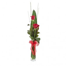 Valentine's Day Two Long Stem Red Roses in Glass Vase