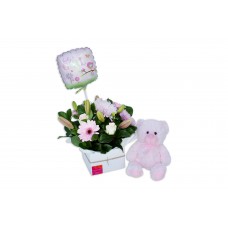 Baby Girl Box Arrangement with Teddy and Balloon