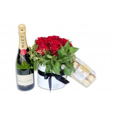 Valentine's Day Hat Box with Red Rose, Moet & Chandon Champagne & Ferrero Rocher Chocolates