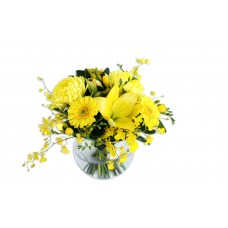 Ruth Bright Flower Arrangement in Glass Fish Bowl